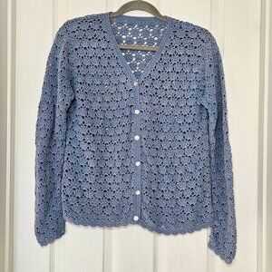 VTG - Light Blue Crochet Knit Button Up Cardigan Sweater